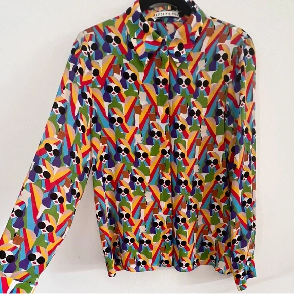 Alice & Olivia WILLA PLACKET TOP Button Down Silk Shirt Mod Stace - MEDIUM - Picture 6 of 12